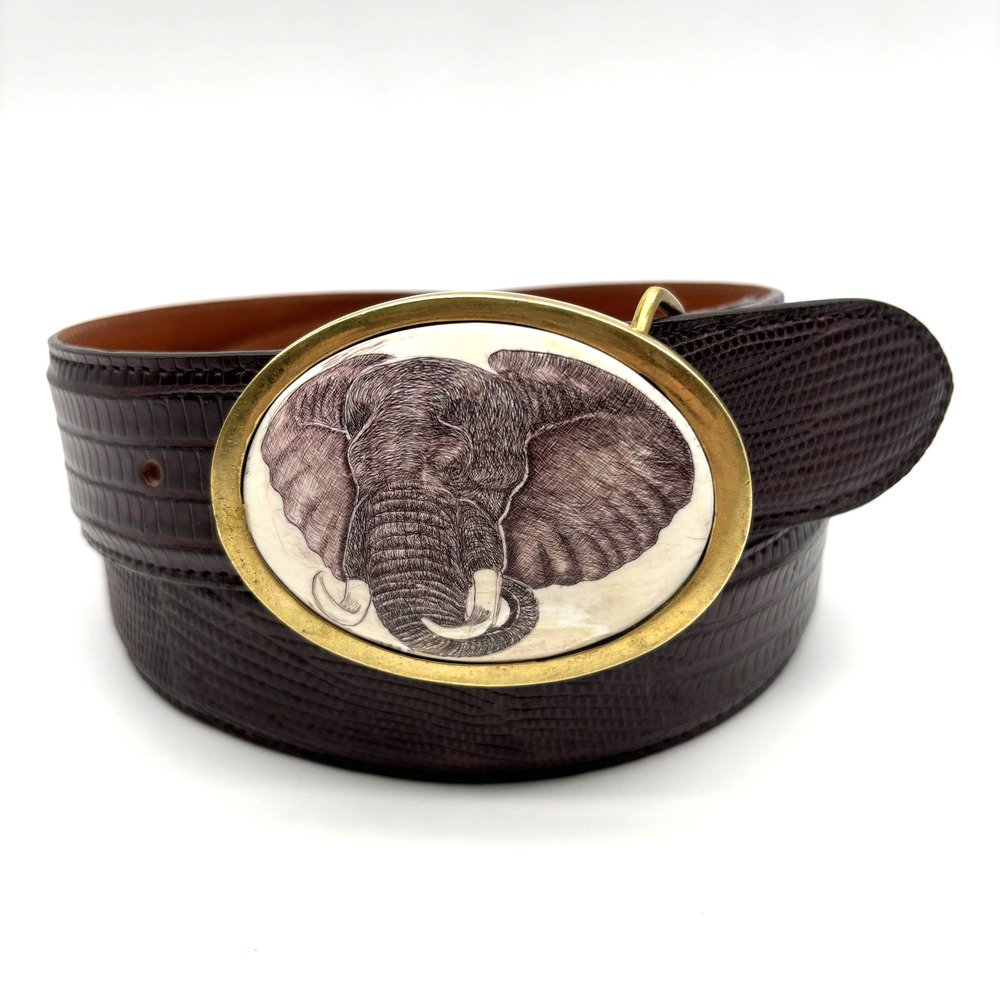 Vintage Appaloosa Trading Teju Lizard Scrimshaw Bone Elephant Buckle Belt 36"